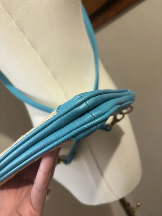 Fossil Blue Leather Cream Canvas Crossbody Shoulder Bag Purse Gold Hardware - Picture 4 of 9